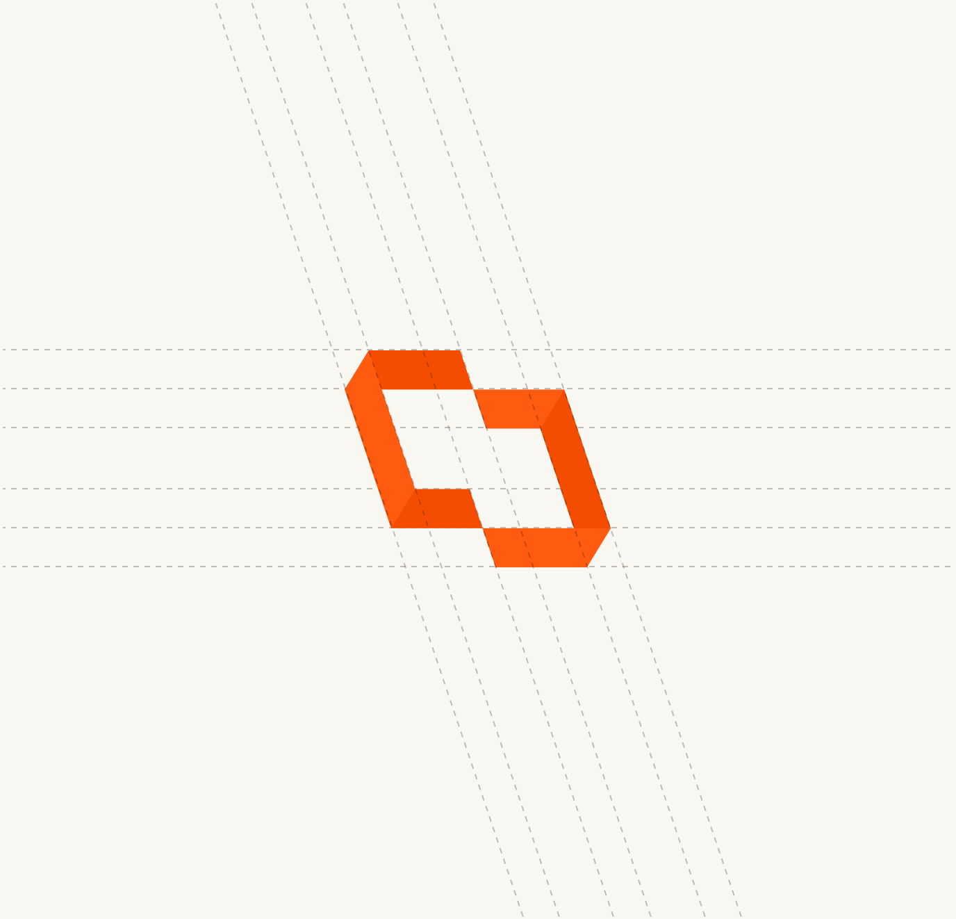 Orange geometric shape resembling two interlocked parallelograms on a light background with dashed grid lines.