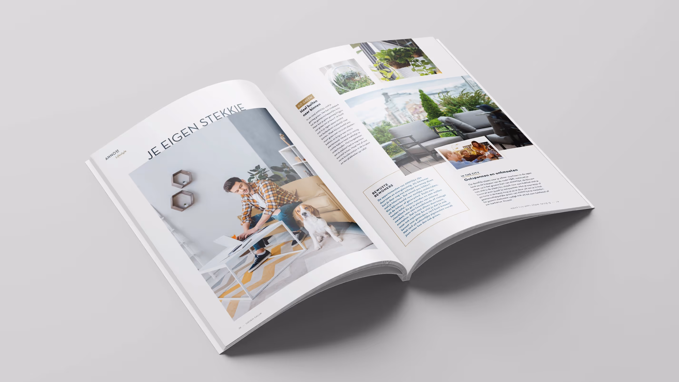 Een opengeslagen brochure met motiverende teksten die de redenen benadrukken waarom je in het bouwproject ANNO52 zou moeten wonen.