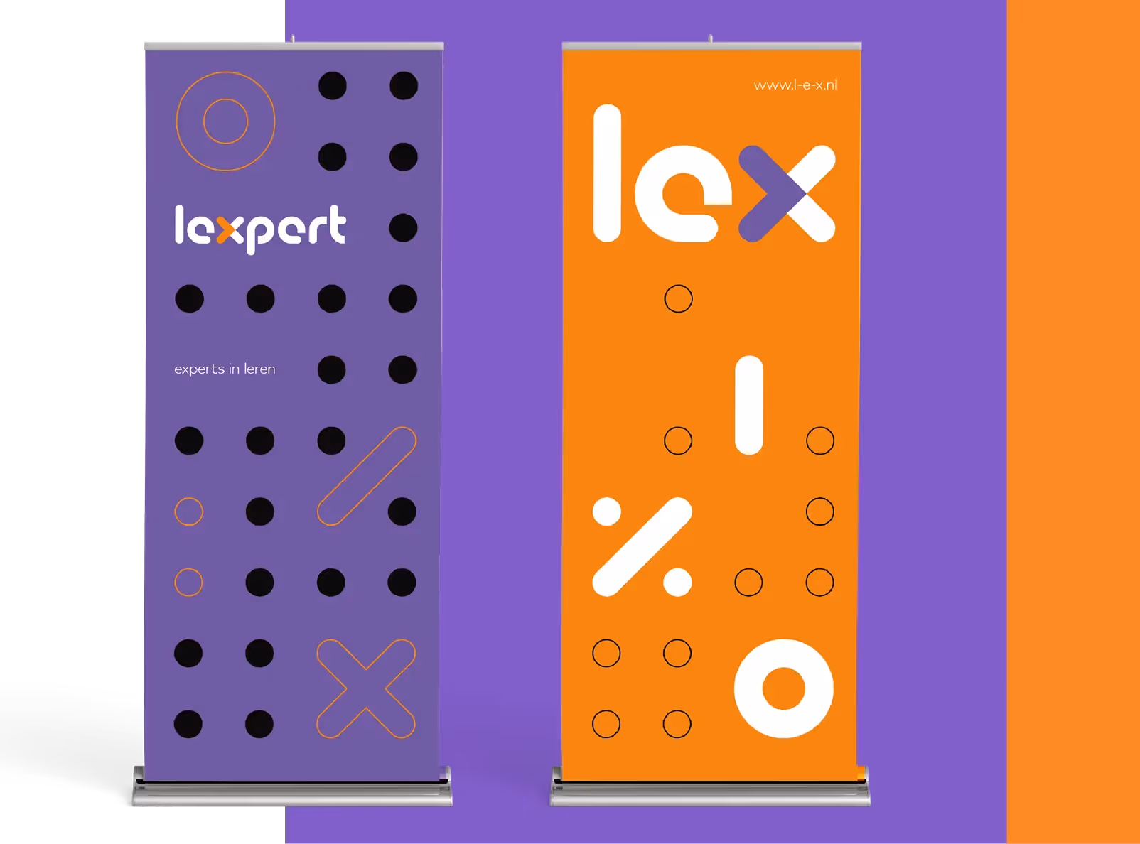 Het speelse stippenpatroon vormt de basis voor de eigen vormentaal op de roll-upbanners.