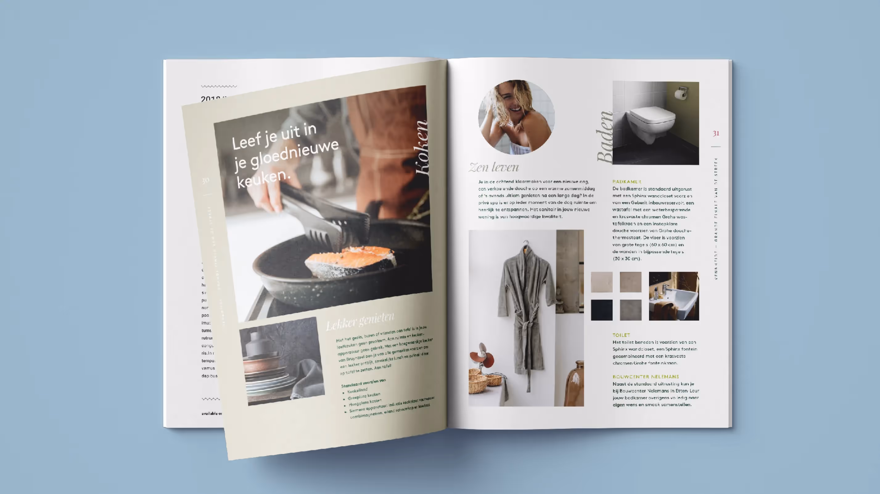 Een opengeslagen verkoopbrochure met uitleg over je nieuwe droomkeuken en badkamer in je nieuwe huis.