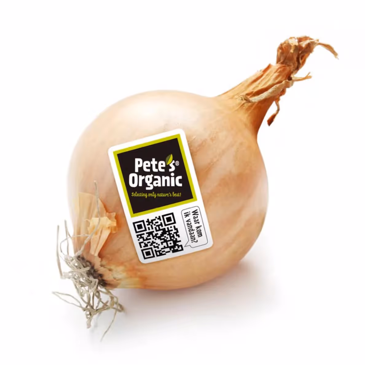 Stickers voorzien van het logo en een QR-code naar de website, geschikt om op groenten en fruit te plakken.
