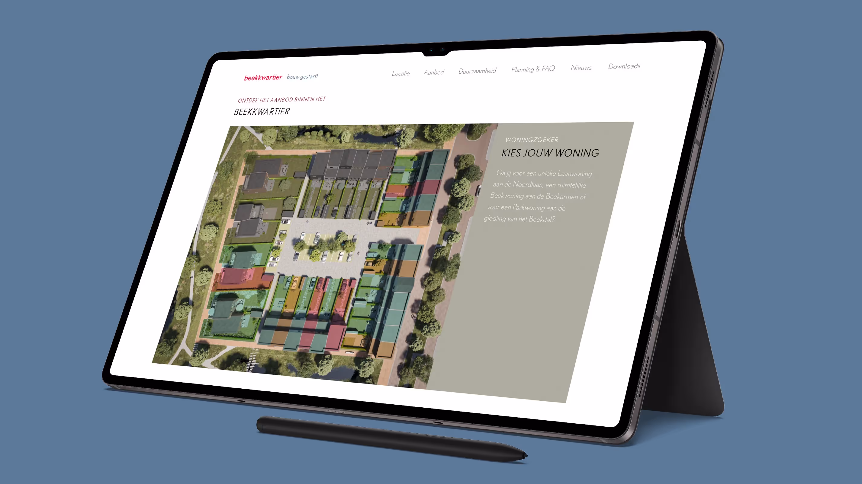 Een tabletweergave van de gepersonaliseerde woningzoeker voor Beekkwartier, waarbij potentiële kopers hun ideale woning kunnen vinden.