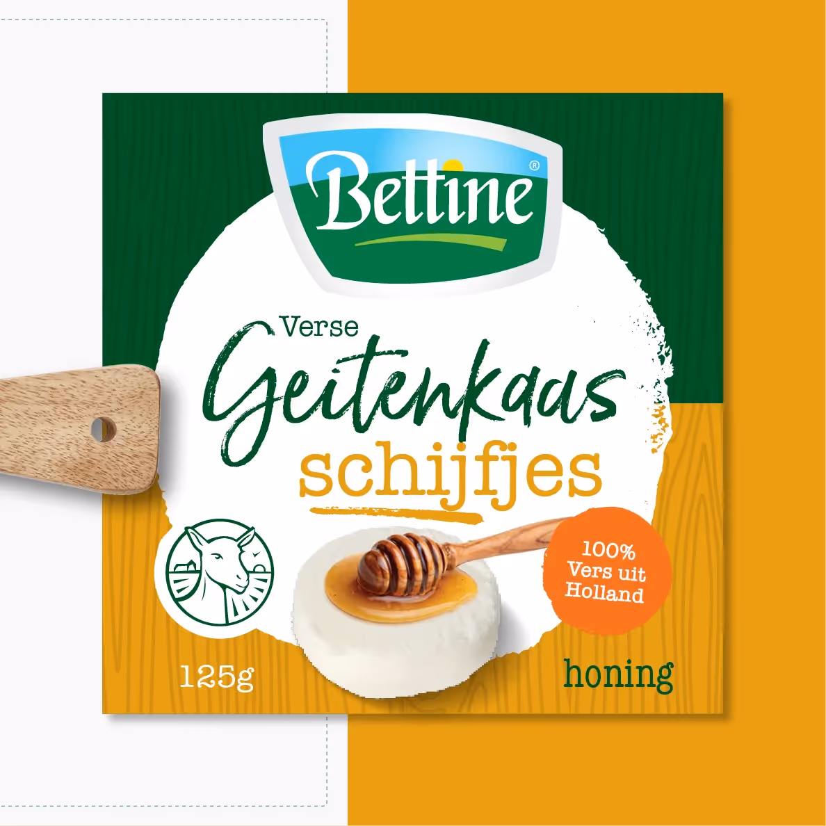 Verpakking van verse geitenkaas met honing, toont een ronde geitenkaasschijf met een bijbehorend stokje honing om de juiste merkbeleving te creëren..