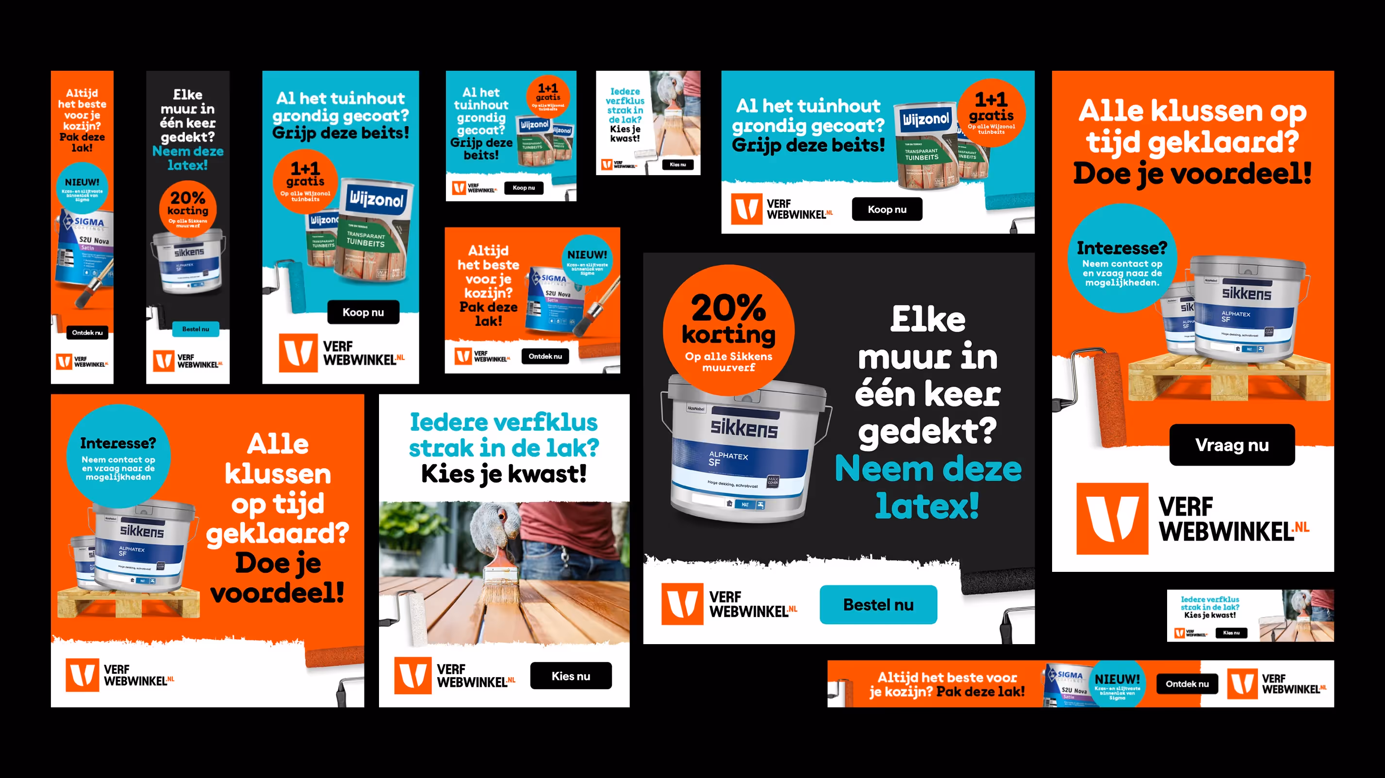 Online campagnebanners ter bevordering van de verkoop van verf voor een verfwebwinkel.