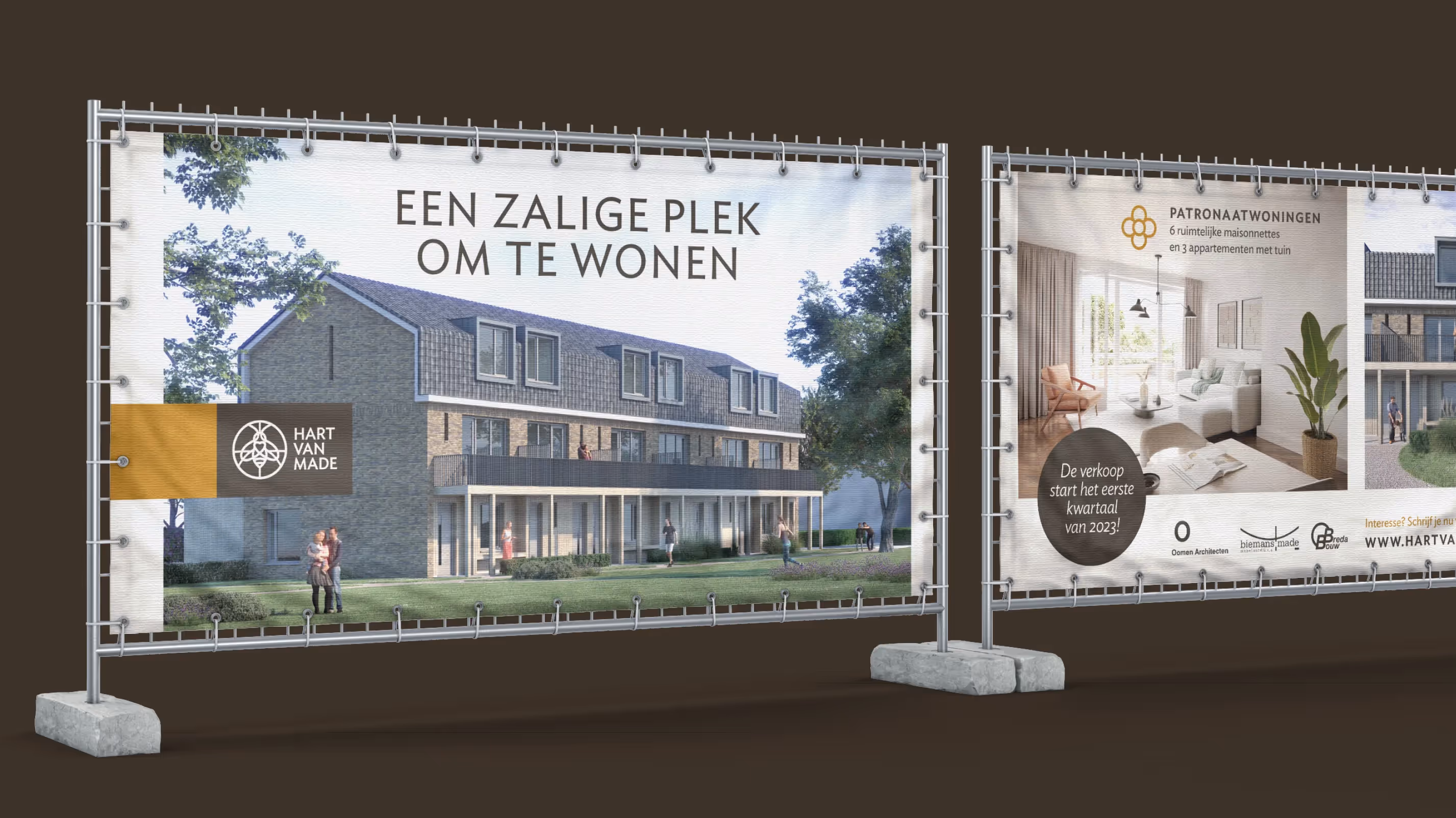 Mockup van bouwhekdoeken met visualisaties van toekomstige gebouwen van Hart van Made.