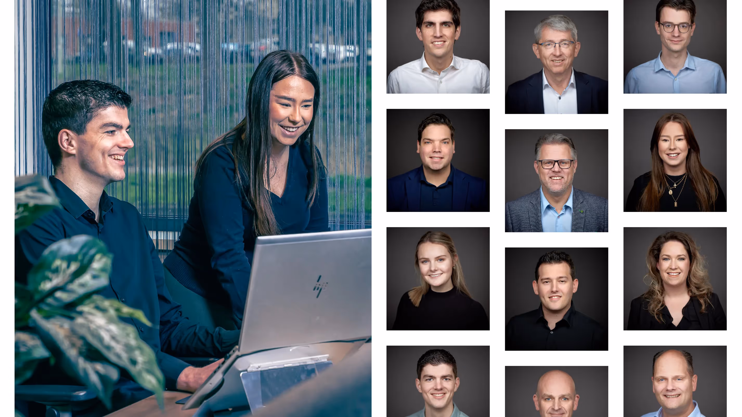 Een fotocollage van de BNRMKB-fotoshoot met sfeerbeelden en portretten van medewerkers.