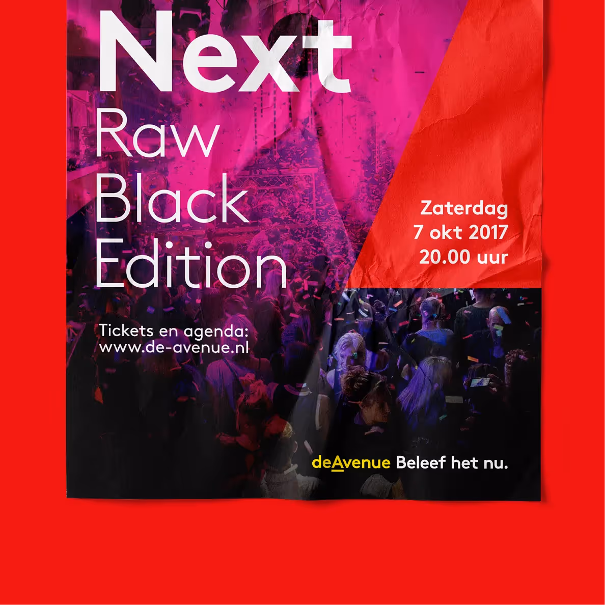 Een poster uit de reclamecampagne van een aankomend evenement van deAvenue.