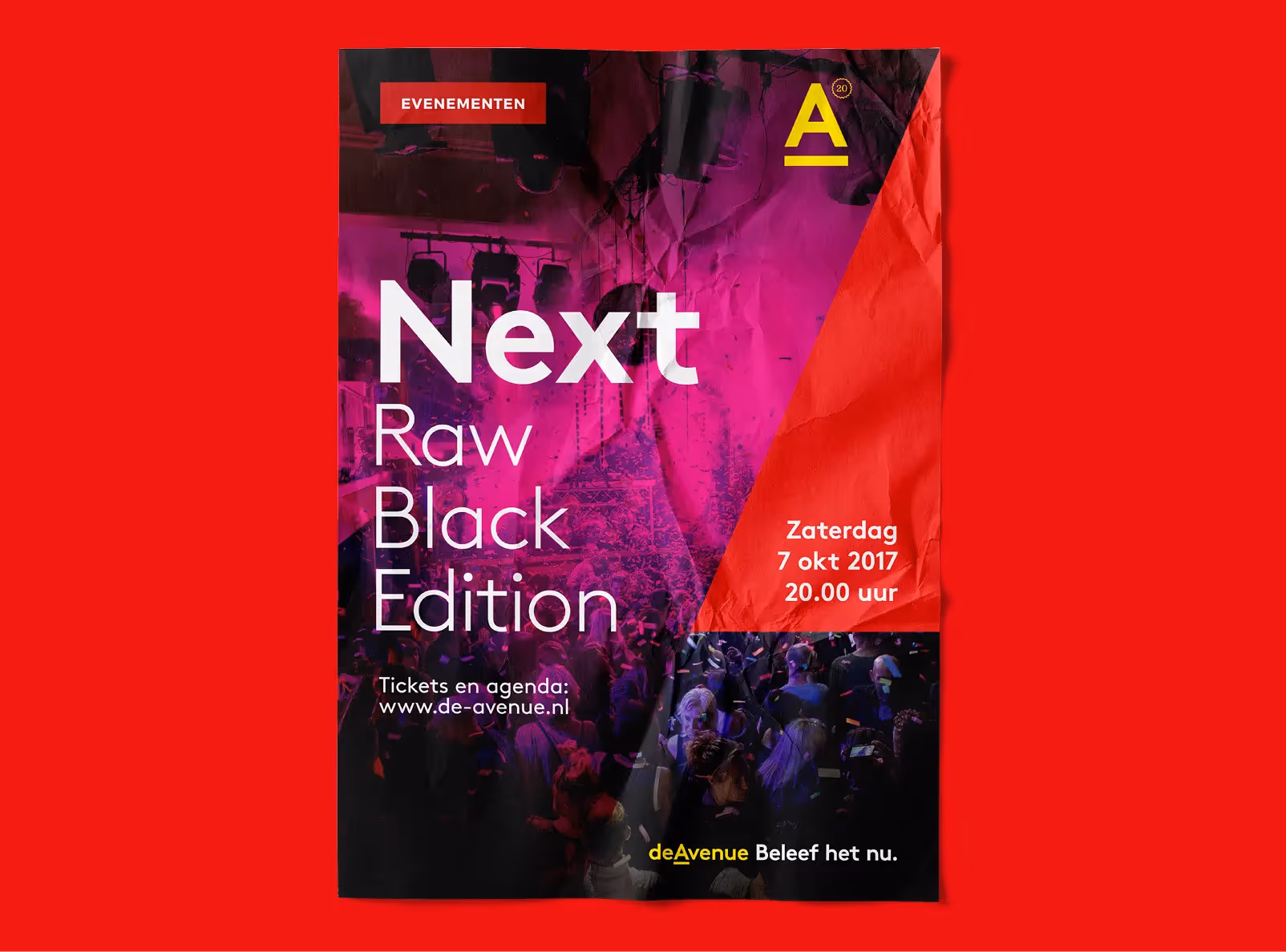 Een poster uit de reclamecampagne van een aankomend evenement van deAvenue.