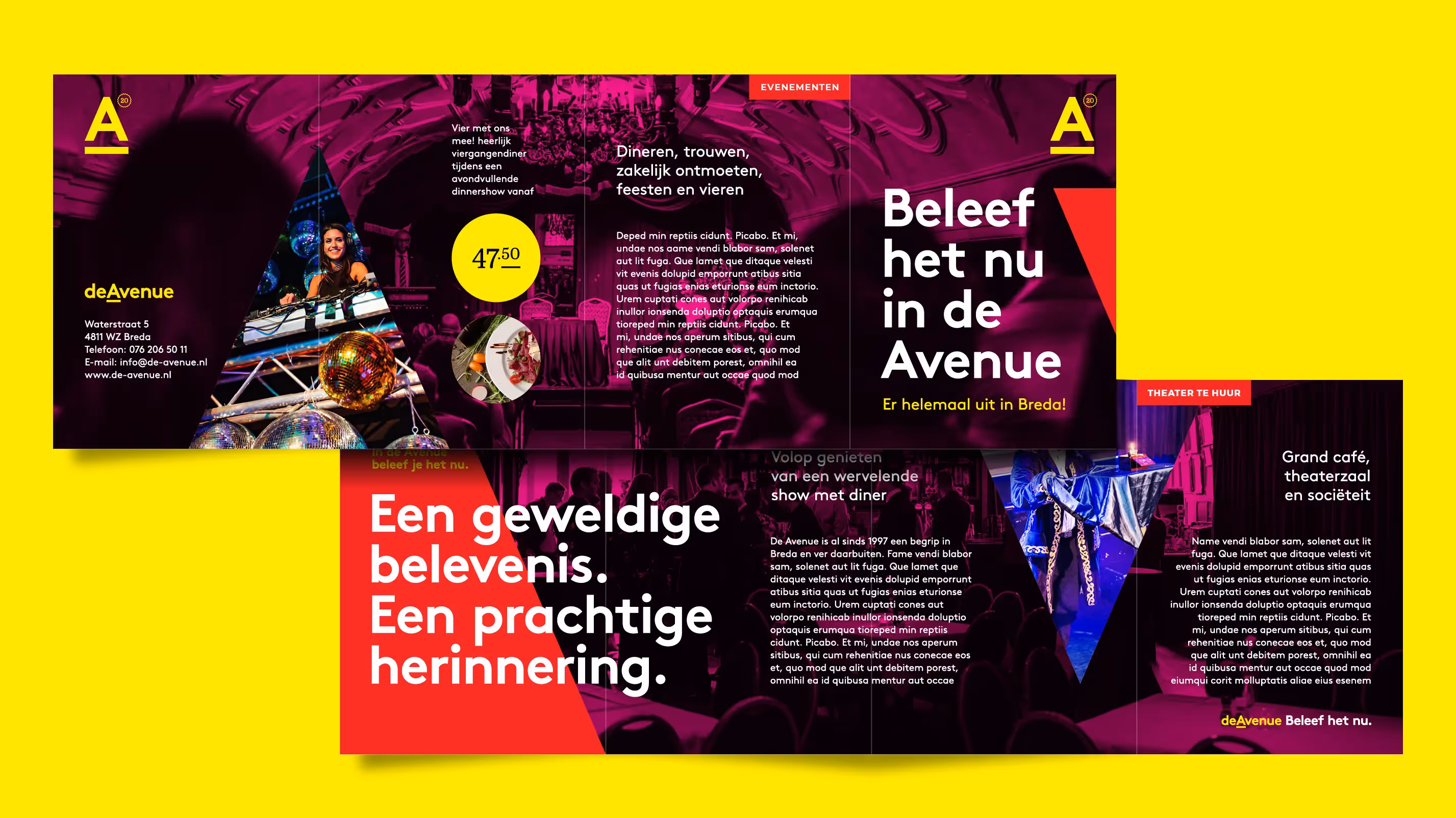 Een folder die de merkpositionering van deAvenue versterkt en verrijkt door zijn donkere, stevige en toch kleurrijke uitstraling, waardoor ze opvallen in de evenementensector.