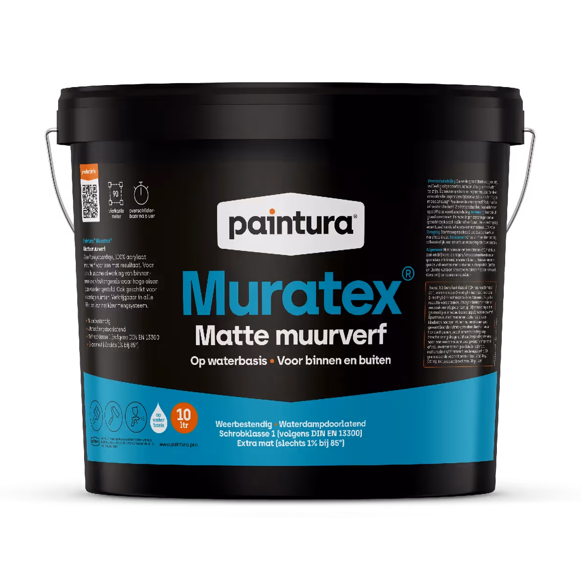 Een vrijstaande productafbeelding van de Paintura® Muratex Matte muurverf in een zwarte 10 liter emmer.