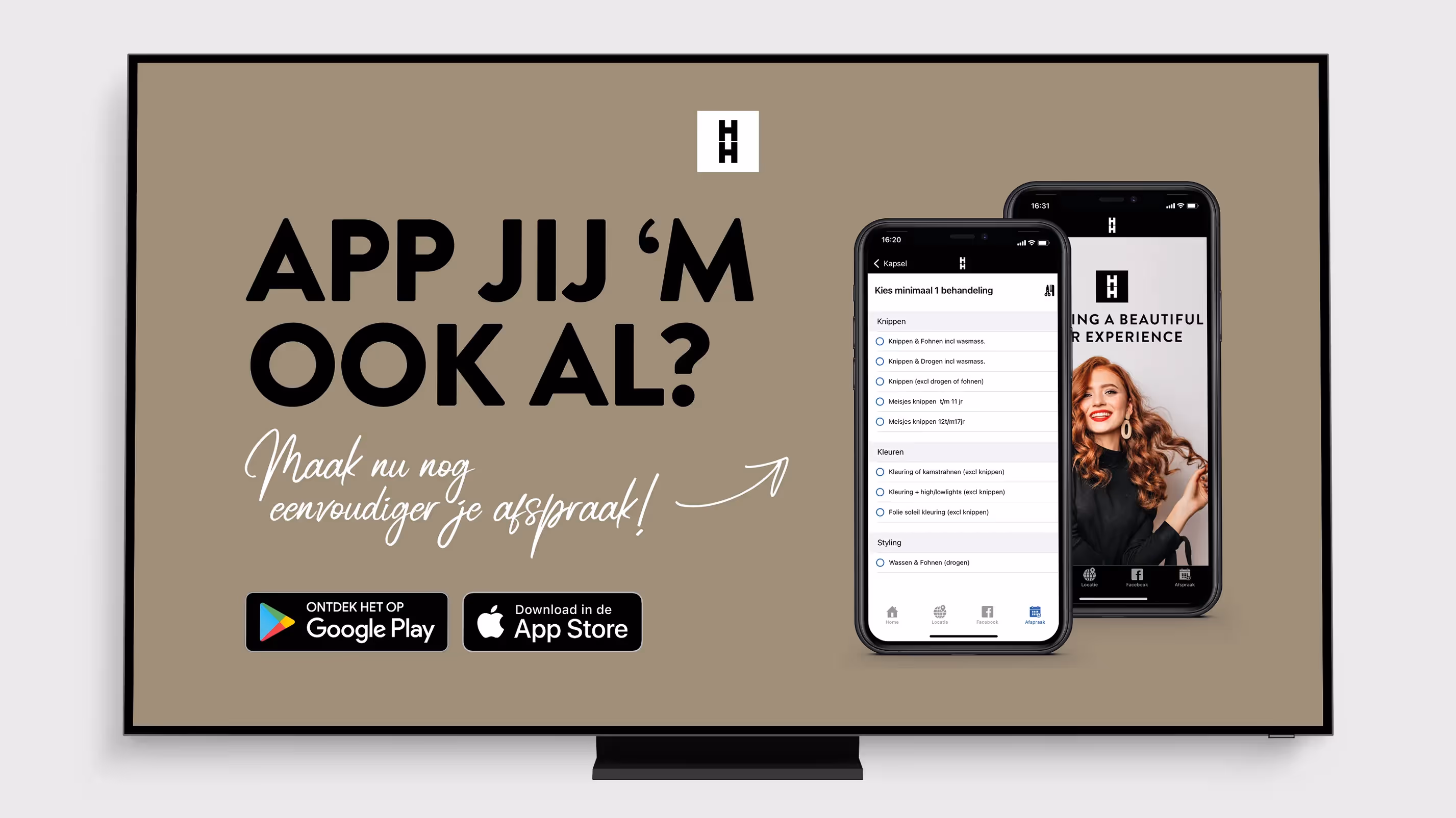 Een promotie-uiting voor de app waarmee je snel en gemakkelijk een afspraak kunt maken bij Van der Horst Hairstylers.