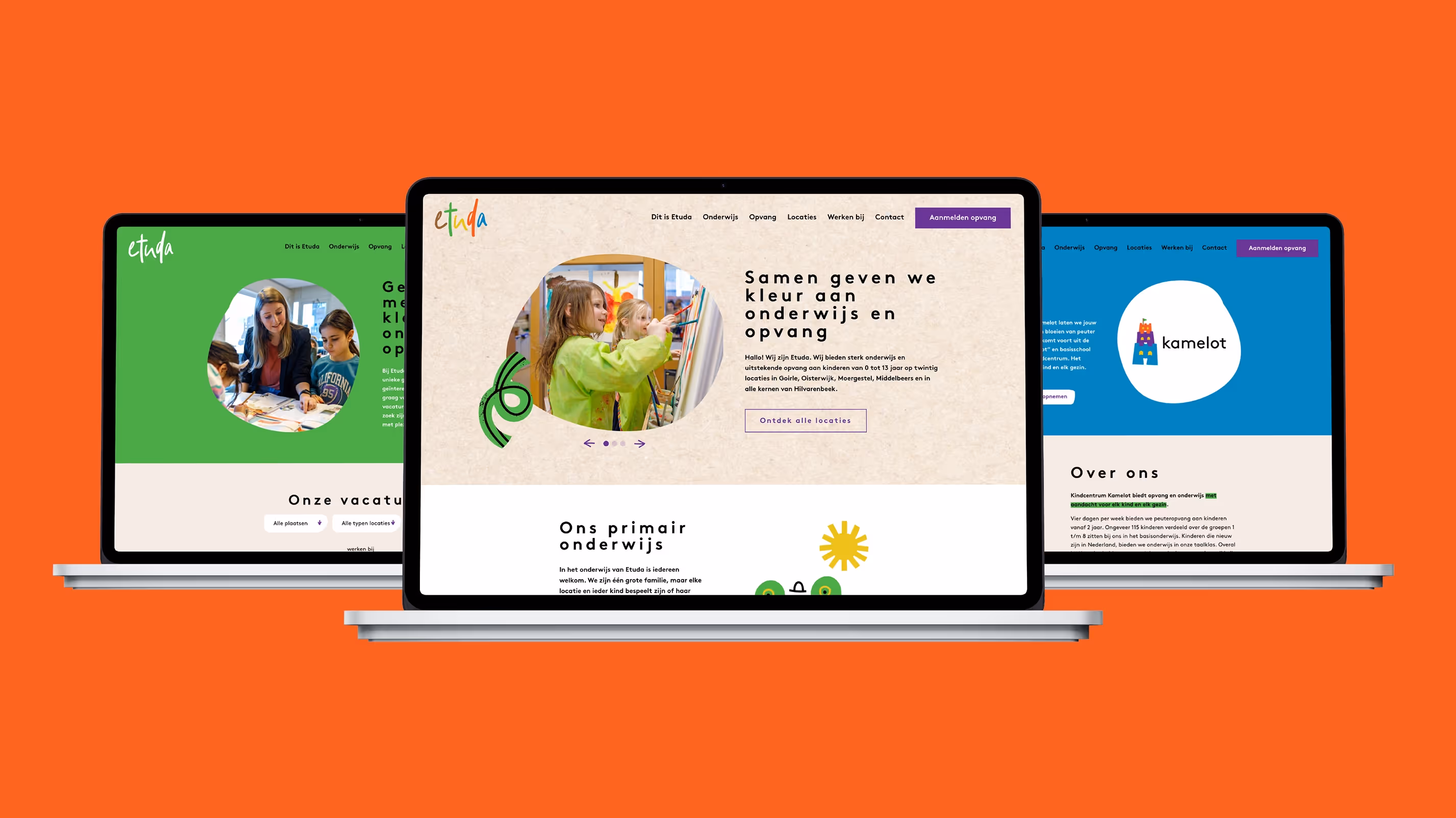 Etuda website met kleurrijk en speels webdesign, gebruiksvriendelijke structuur en creatieve uitstraling.