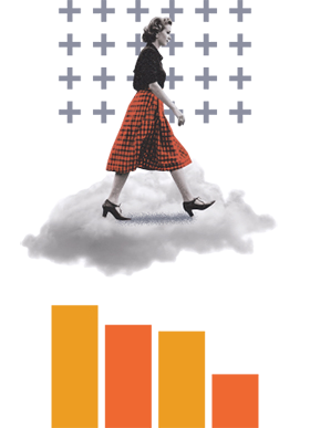 Black and white vintage photo of a woman in a red plaid skirt walking on a cloud with a bar chart below.