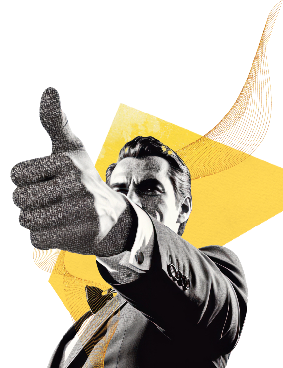 Black and white photo of a man in a suit giving a thumbs-up with a yellow artistic background.