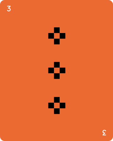 Orange playing card with number 3 in white in opposite corners and three black plus-shaped symbols in the center arranged vertically.