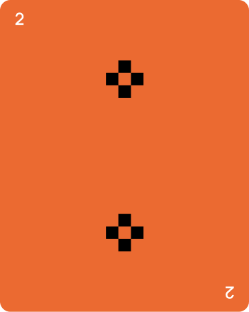 Orange playing card with the number 2 in white at two opposite corners and two black plus-shaped symbols in the center.