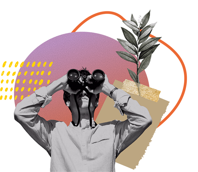 Black and white photo of a man looking through binoculars with a pink oval and a plant collage behind him.