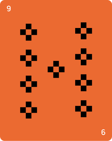 Orange card with the number 9 in the top left and 6 in the bottom right corners, featuring nine black plus-shaped pixel clusters arranged in a grid pattern.