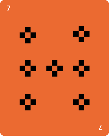 Orange playing card with the number 7 in white at the top left and bottom right corners, featuring seven black cross-shaped pips arranged in three rows.