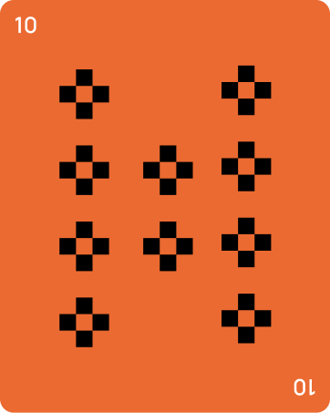 Playing card with an orange background and ten black plus-shaped symbols arranged in three rows plus one at the center, with white number 10 in top left and bottom right corners.