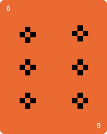 Orange playing card with six black cross-shaped symbols arranged in two columns of three, with a white number 6 in the top left corner and a white number 9 in the bottom right corner.