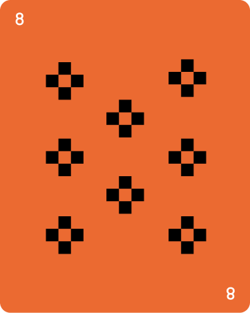 Orange playing card with black digital-style crosses arranged in three rows, showing the number 8 in white at top left and bottom right corners.