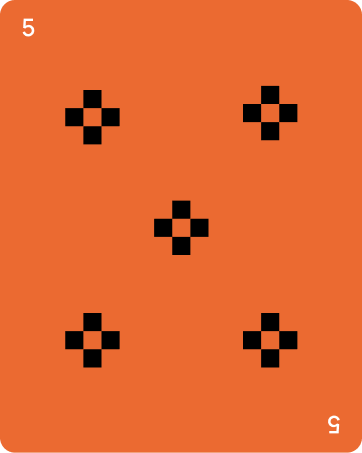 Orange playing card with five black plus-shaped pips arranged in a pattern representing the number 5, with white number 5 in corners.