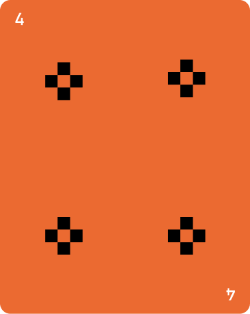 Red playing card with four black cross symbols, number 4 in white at top left and bottom right corners.