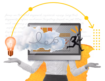 Collage with a person whose head is replaced by a computer screen showing a running man and a cloud; a light bulb and yellow abstract elements surround the figure.