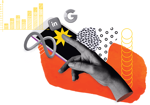 A grayscale hand pointing at floating social media icon cubes including LinkedIn and Google, surrounded by abstract shapes and yellow bar graphs.