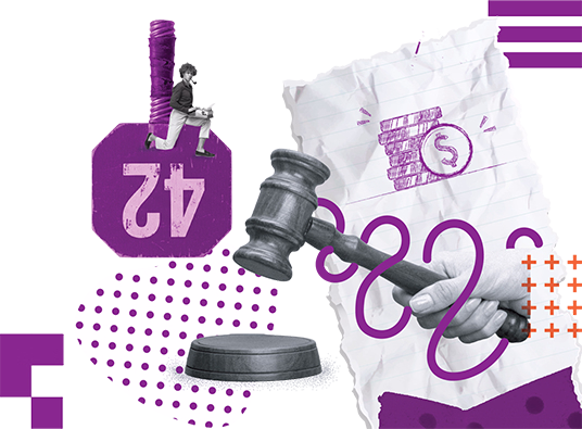 Collage featuring a purple price tag labeled '42', a gavel held by a hand poised to strike, a crumpled paper with a stamped dollar symbol, and abstract purple and white shapes.