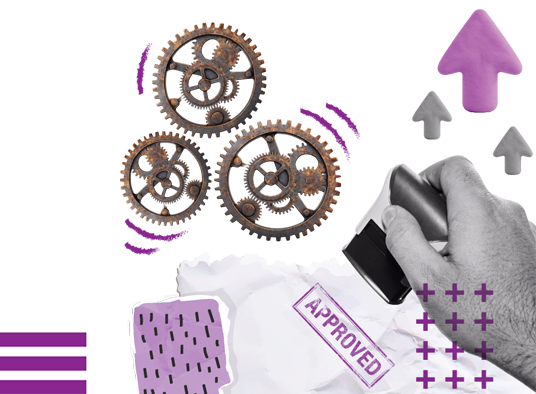Hand stamping a paper with an 'APPROVED' mark, surrounded by three interconnected gears and upward arrows symbolizing progress.