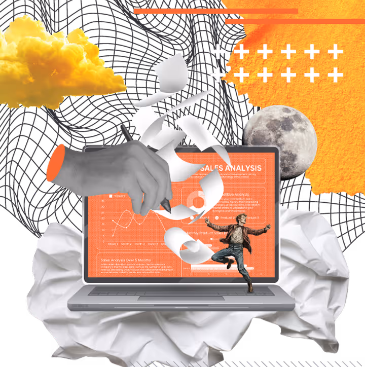Collage featuring a laptop with an orange sales analysis screen, a large hand holding a pen with floating papers, a small jumping man, a yellow cloud, and a full moon on a textured black and orange background.