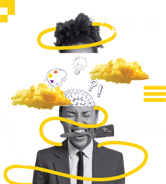 Black and white photo of a man in a suit biting a paintbrush with eyes closed, surrounded by yellow clouds, a yellow swirling line, and creative doodles including a brain, lightbulb, and color palette.