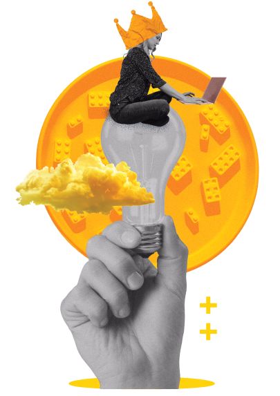 Hand holding a light bulb with a person wearing an orange crown sitting on top using a laptop, with an orange circular background featuring building blocks and a yellow cloud.