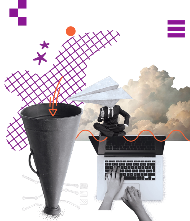 Collage with hands typing on a laptop, a seated man in a suit with a paper airplane head, a black funnel with an orange arrow pointing inside, and abstract purple and orange geometric shapes.