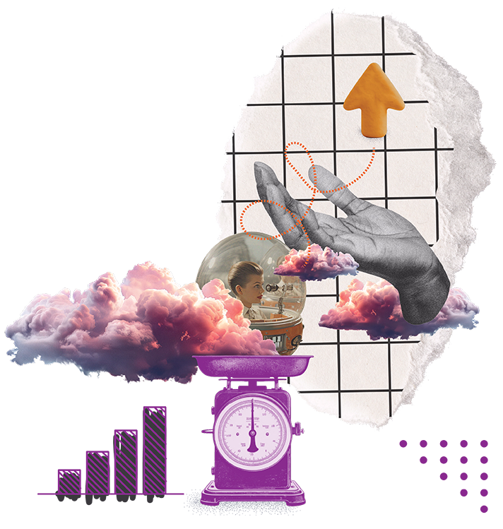 Surreal digital collage with a purple scale weighing pink clouds, a child inside a glass dome, a large hand pointing upward with an arrow, and grid and bar chart elements in the background.
