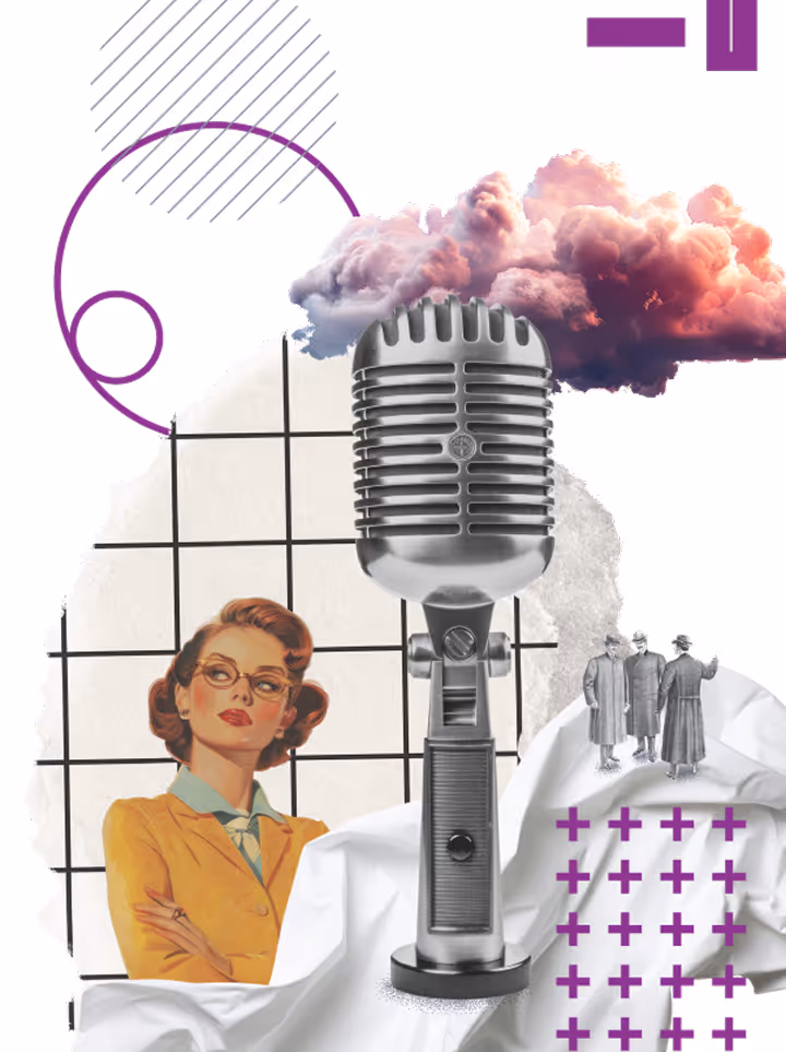 Collage with a vintage microphone at center, a retro woman in glasses and yellow jacket, three small men in coats, purple geometric shapes, and a pink cloud.
