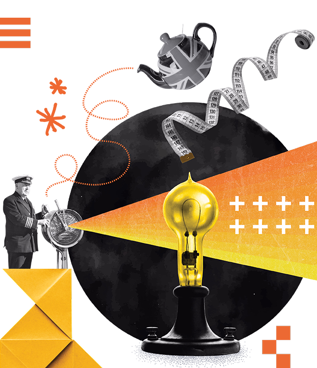 Collage with a ship captain at a navigation wheel, a glowing yellow light bulb projecting light, a measuring tape, a teapot with a Union Jack flag, and abstract orange shapes on a black background.