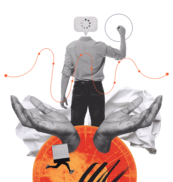 Collage with a person drawing a graph, large hands reaching out from crumpled paper, a running figure with a calendar head, and an orange circular background.