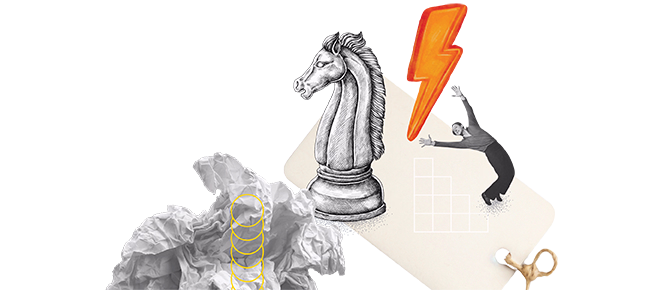 Collage with a detailed chess knight piece, a person reaching toward an orange lightning bolt, crumpled paper, and scissors on a textured light background.