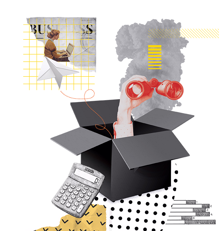 Collage featuring a black open box with a hand holding red binoculars emerging from it, a paper airplane flying towards a woman working on a laptop, and a calculator below, set against abstract graphic patterns.