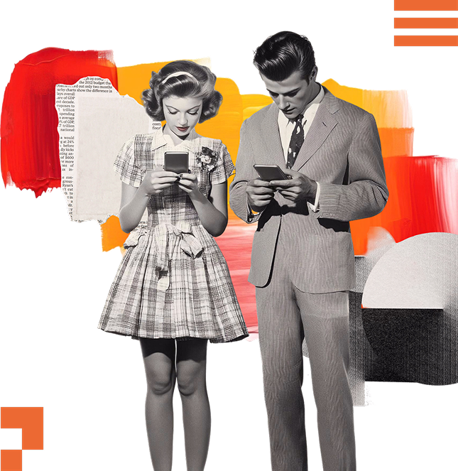 Black-and-white vintage-style photo of a young woman in a plaid dress and a man in a suit both looking down at handheld devices, with colorful abstract orange and red background elements.