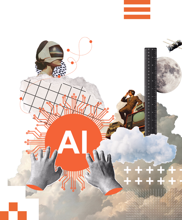 Collage featuring AI text in a red circle with digital circuit lines, a pair of hands reaching out, a person wearing a VR headset, a man sitting on electronics, a ruler, moon, and clouds.