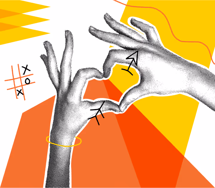 Stylized illustration of two hands forming a heart shape with arrows on fingers against an abstract background of yellow and orange geometric shapes and tic-tac-toe game.