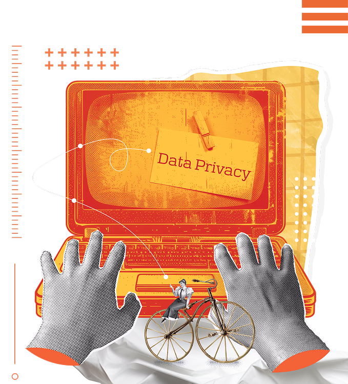 Illustration of two large hands in front of an orange laptop screen displaying a note labeled 'Data Privacy,' with a small person sitting on a vintage bicycle in front of the keyboard.