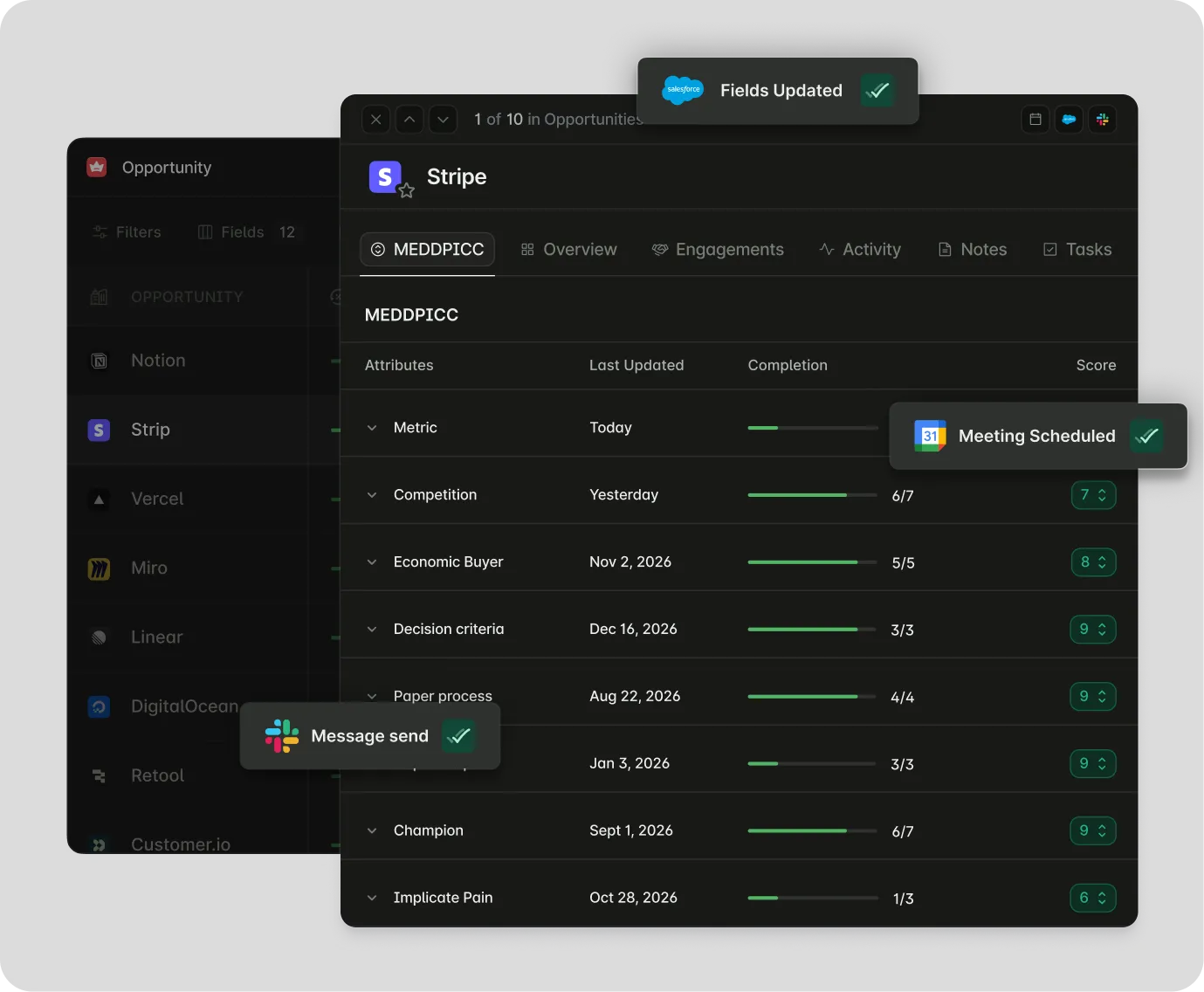 EchoIQ screen showing sales call highlights, topics, and next steps