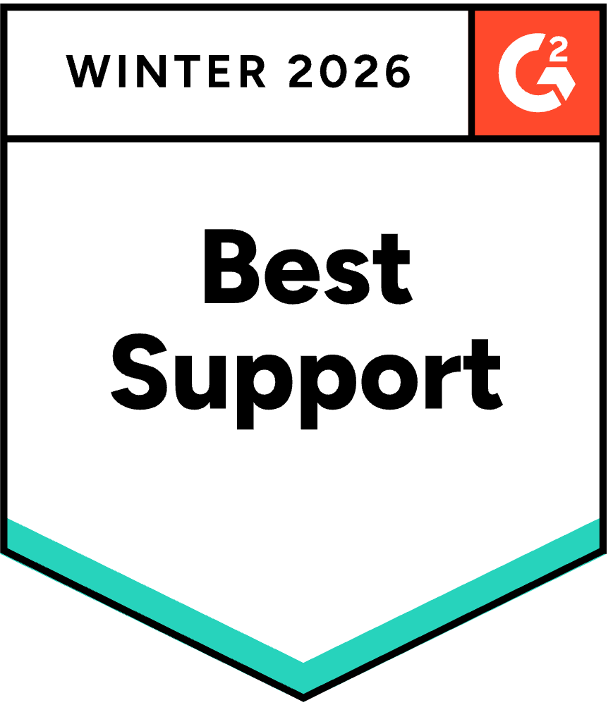 G2 Winter 2026 Best Support award badge with a white shield design and turquoise bottom border.