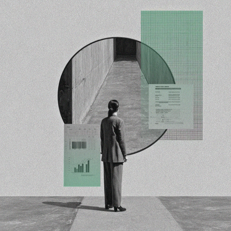 Person in business attire standing and looking through a circular opening in a wall showing a narrow corridor, with overlaid semi-transparent charts and graphs.