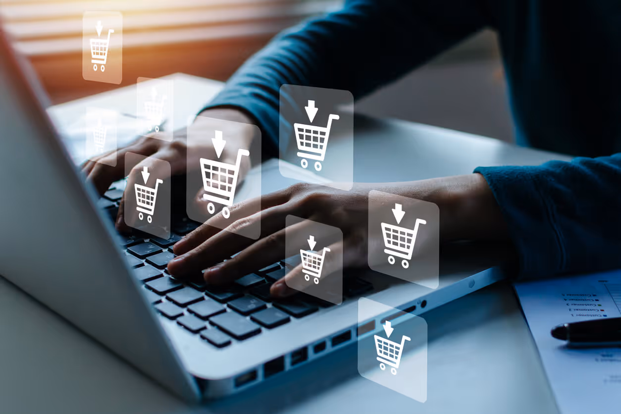Maximize Sales with Optimized E-Commerce Solutions - ecommerce website design concord nh - Shopping Online. woman hand online shopping on laptop computer with virtual graphic icon diagram on desk
